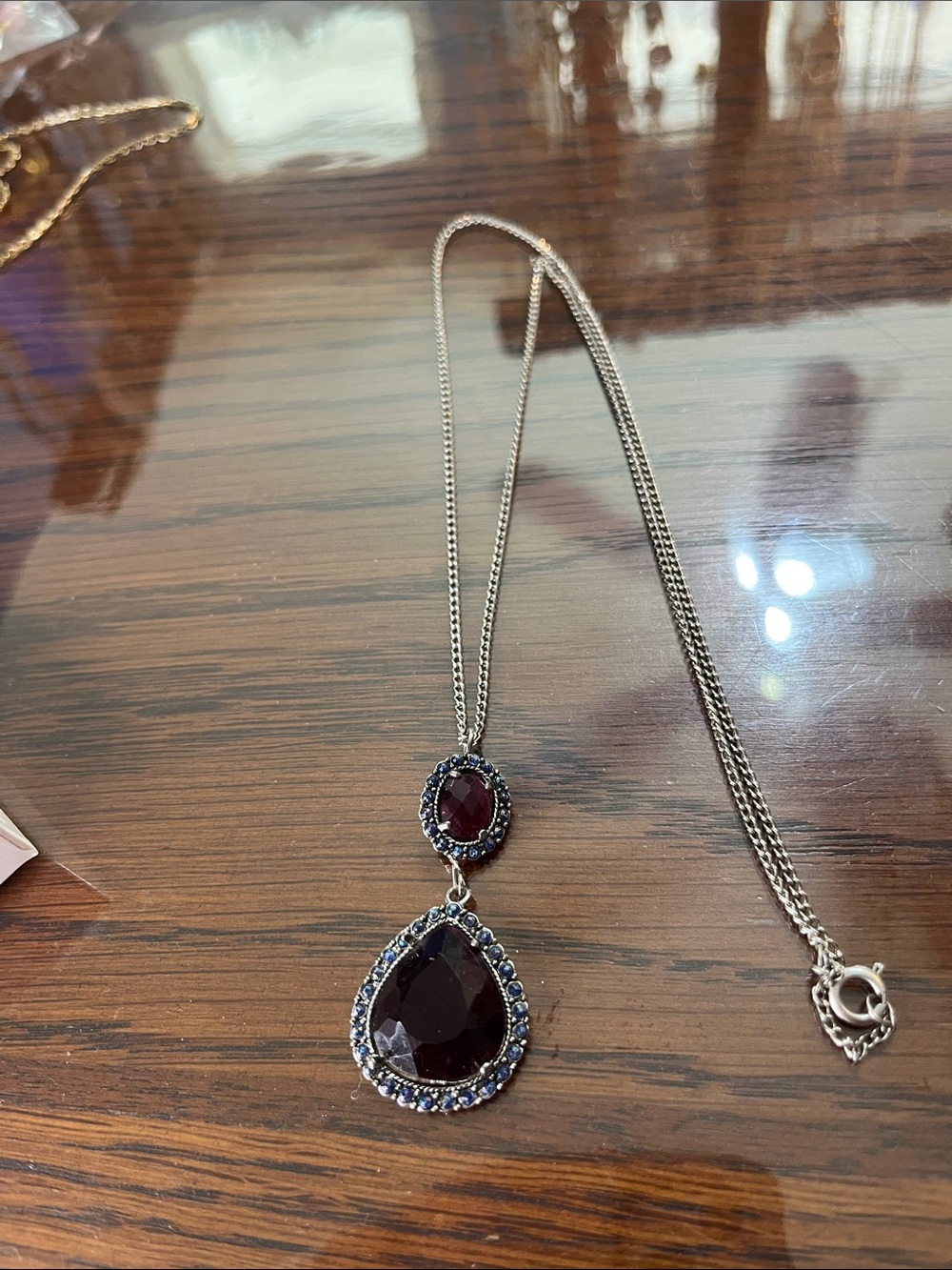 10/$10 Silver Necklace with Dark Red Teardrop w/ blue stone accents